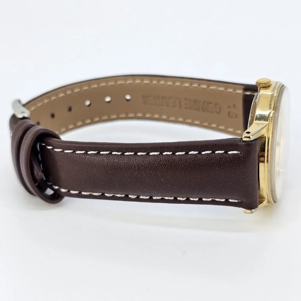 VTG Timex Men's Watch 32MM Gold Dial DayDate New Brown Leather Bands New Battery